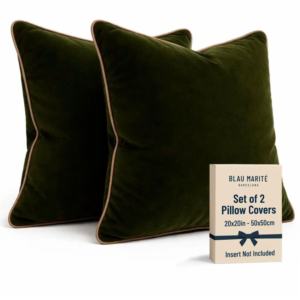 Set of 2, 20"x20" Velvet Throw Pillow Covers (Green and Camel), Contrast Piping